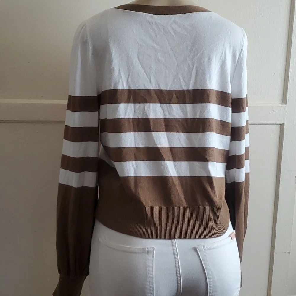 NWT Michael Kors Women's Cardigan Sweater, tan and white stripes Size L